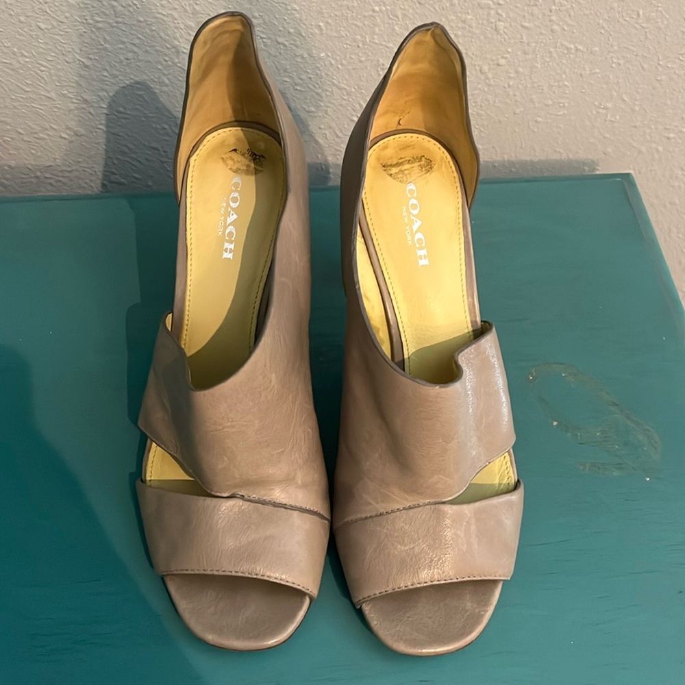 Coach open toe heels in olive. Size 7.5 worn but in good condition. Heel 3.5.